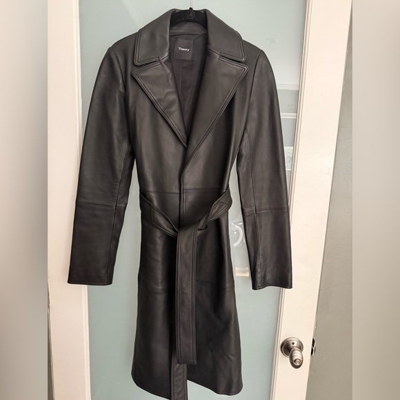 Theory Black Leather Napa Belted Trench Coat - Picture 1 of 4